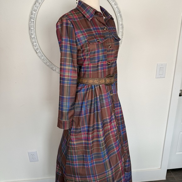 Tartan Plaid Long Sleeve Button Front maxi Dress Belt Womens S-M preppy - Picture 11 of 15